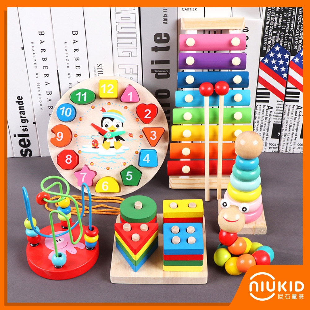 NIUKID MAINAN EDUKASI ANAK BASIC SHAPE KAYU BALOK GEOMETRI PUZZLE 3D MONTESSORI SENSORY XYLOPHONE JAM ANGKA