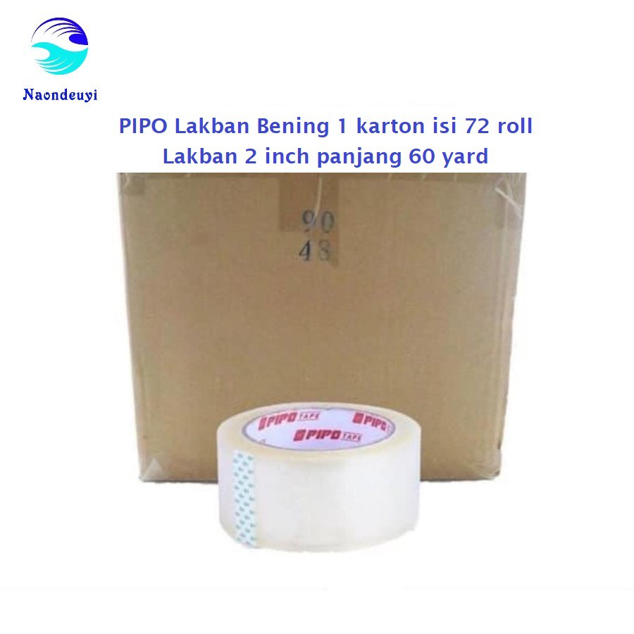 

Lakban Bening 1 karton isi 72 roll merek PIPO 2 inch panjang 60 yard