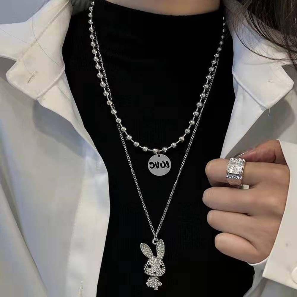 Mxbeauty Wanita Kalung Pria Lucu Double Layer Kartun Kelinci Perhiasan Fashion Rabbit Liontin Berlian Imitasi Rantai Logam Baja Titanium Choker