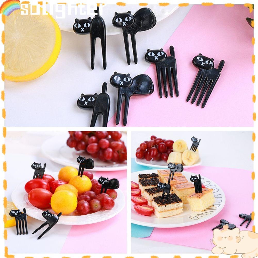 Solighter 6pcs Garpu Buah Desain Kartun Kucing Hitam Untuk Dekorasi Bento