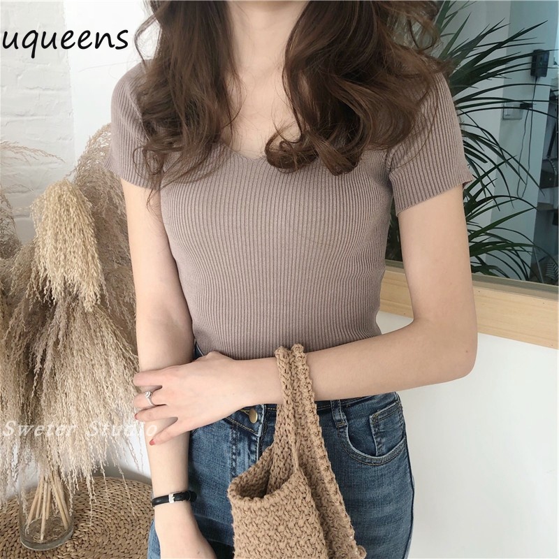 Rajutan V-Neck Lengan Pendek Warna Polos Atasan Musim Panas