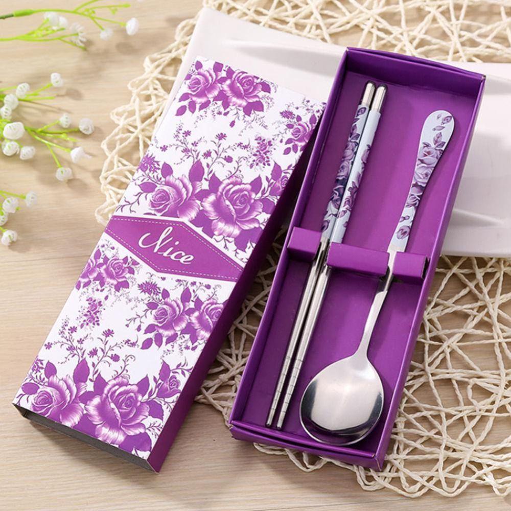 【 ELEGANT 】 Sumpit Stainless Steel Kartun Hadiah Pola Ukiran Pribadi Laser Set Alat Makan Korea