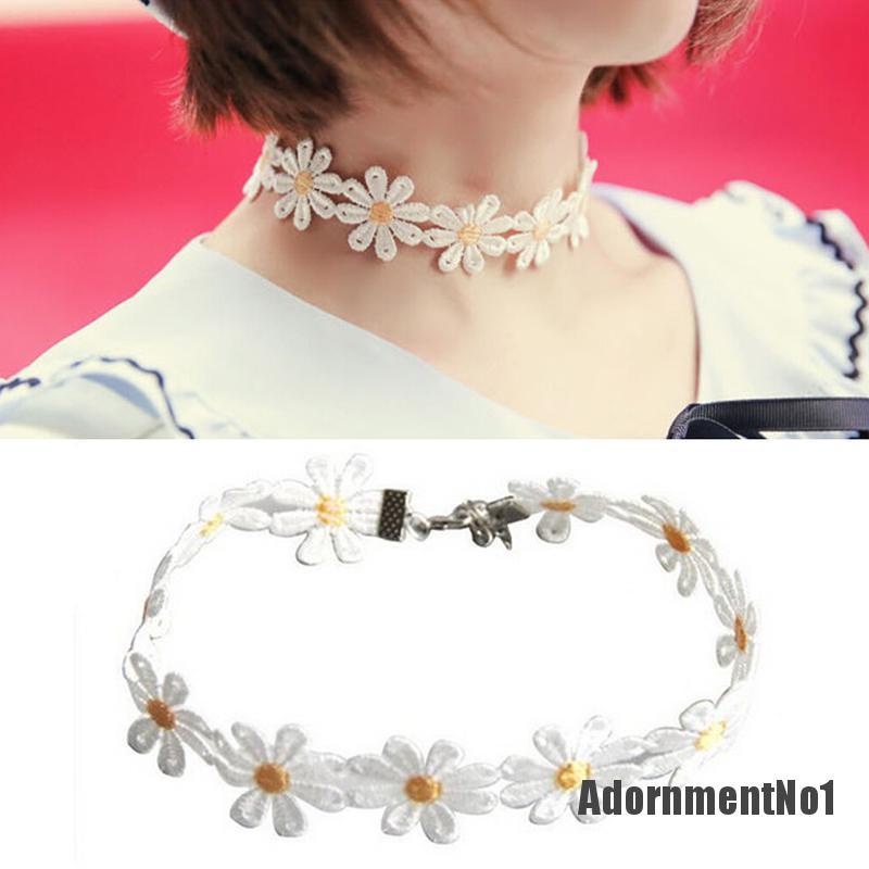 (Adornmentno1) Kalung Choker Lace Bunga Daisy Warna Kuning / Putih Gaya Boho Untuk Wanita