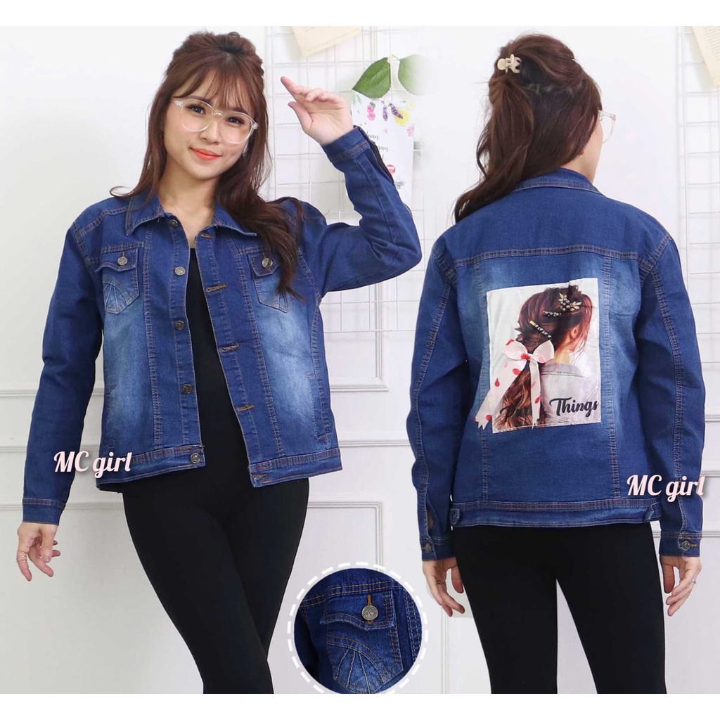 MC girl - Jaket Jeans Polos Gambar Pita 3D Wanita / Jacket Denim Gambar Belakang Pita Sequin Cewe / Jaket Lepis Gambar Pita Belakang Cewek
