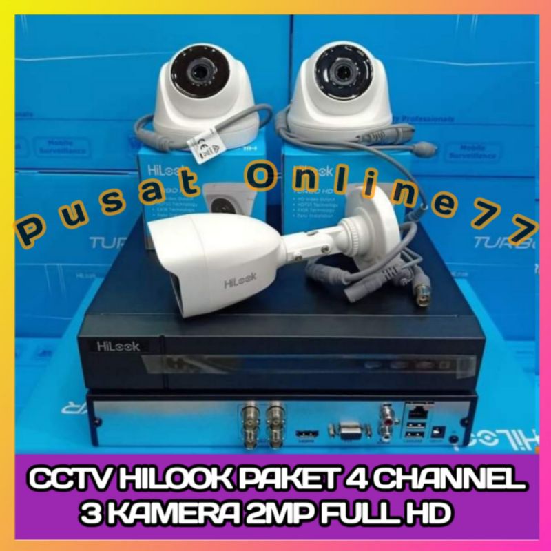 PAKET CCTV HILOOK 2MP 4 CHANNEL 3 KAMERA FULL HD 1080P LENGKAP