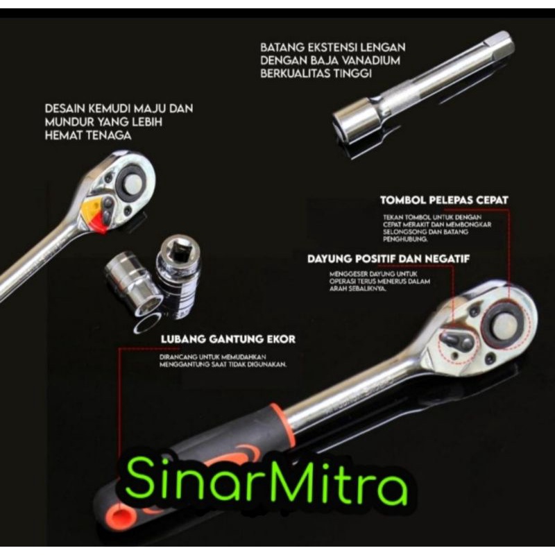 Ratchet Kunci Pas 1 Set (12 pcs)-Socket Wrench 1/2 Inci Set