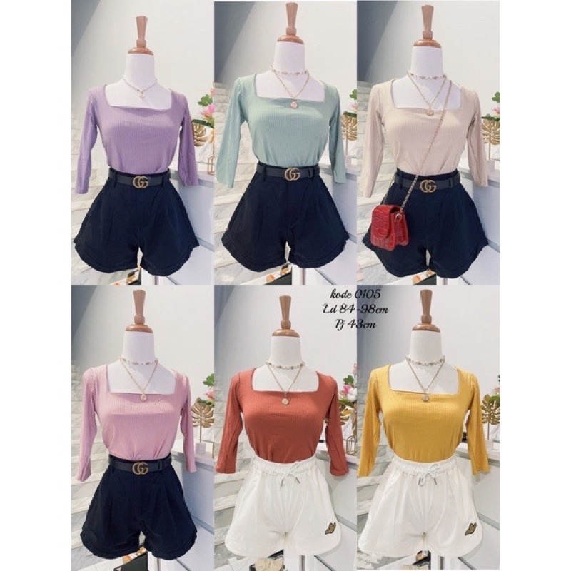 jisu croptop lengan 3/4.croptop polos wanita import murah,croptop kerah square/ kotak lengan 3/4 cwe,korean croptop murah