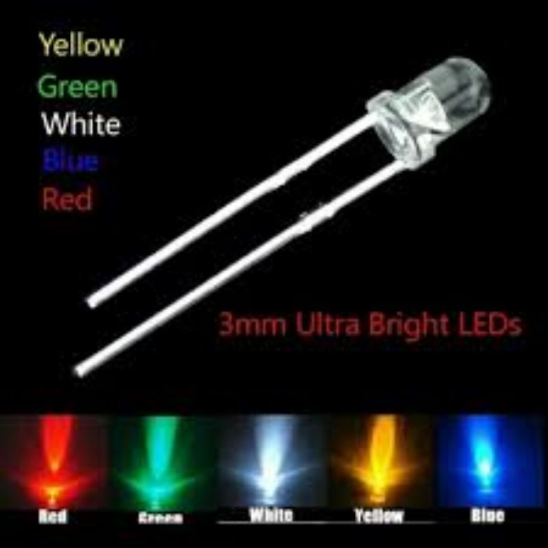 HARGA 10 PCS Lampu Led 3mm Putih Nyala Hijau Kuning Merah Biru Putih