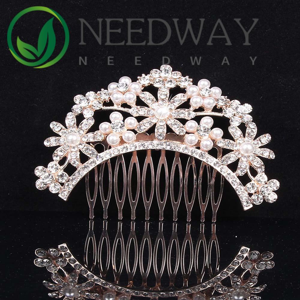 Needway  Bridal Flower Rhinestone Crystal Pearl Hair Comb