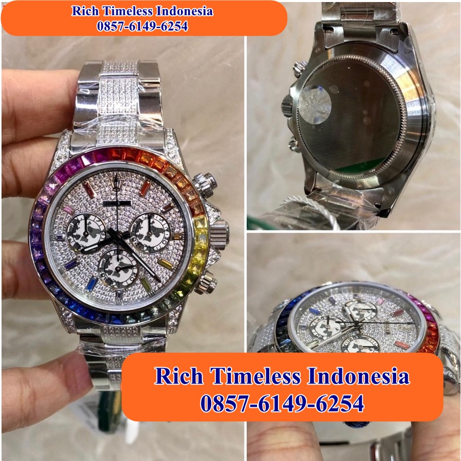 Flash Sale  Jam Tangan Pria Terbaru Rolex Daytona Rainbow Stainless Silver Jh Diamond Best Quality G