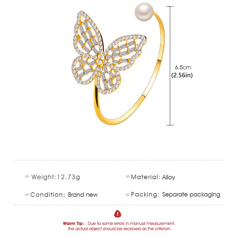 Gelang Model Terbuka Adjustable Desain Kupu-Kupu Hollow Aksen Mutiara Kristal Bahan Zirkon