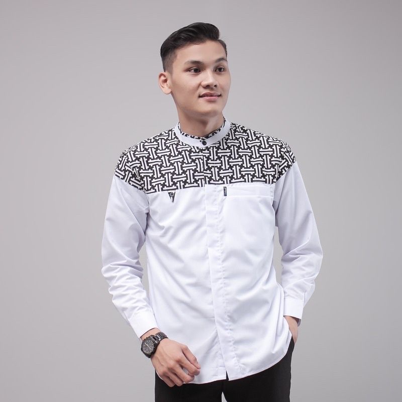 BAJU KOKO PRIA LENGAN PANJANG BAJU KOKO DEWASA PUTIH POLOS KOMBINASI BAJU MUSLIM HADROH TAQWA ELRUMI EL RUMI TOYOBO PREMIUM TERBARU-Falcon