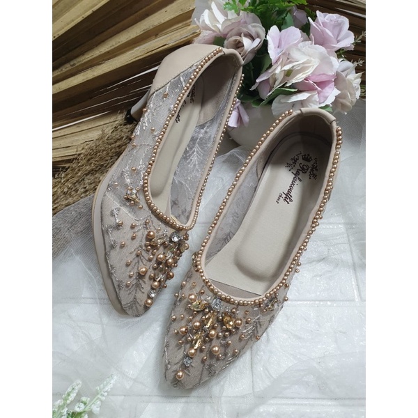 sepatu wanita wedding sasmita cream gold 5cm lncip