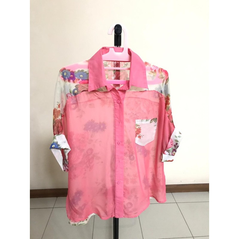 Baju atasan kemeja wanita pink bunga preloved