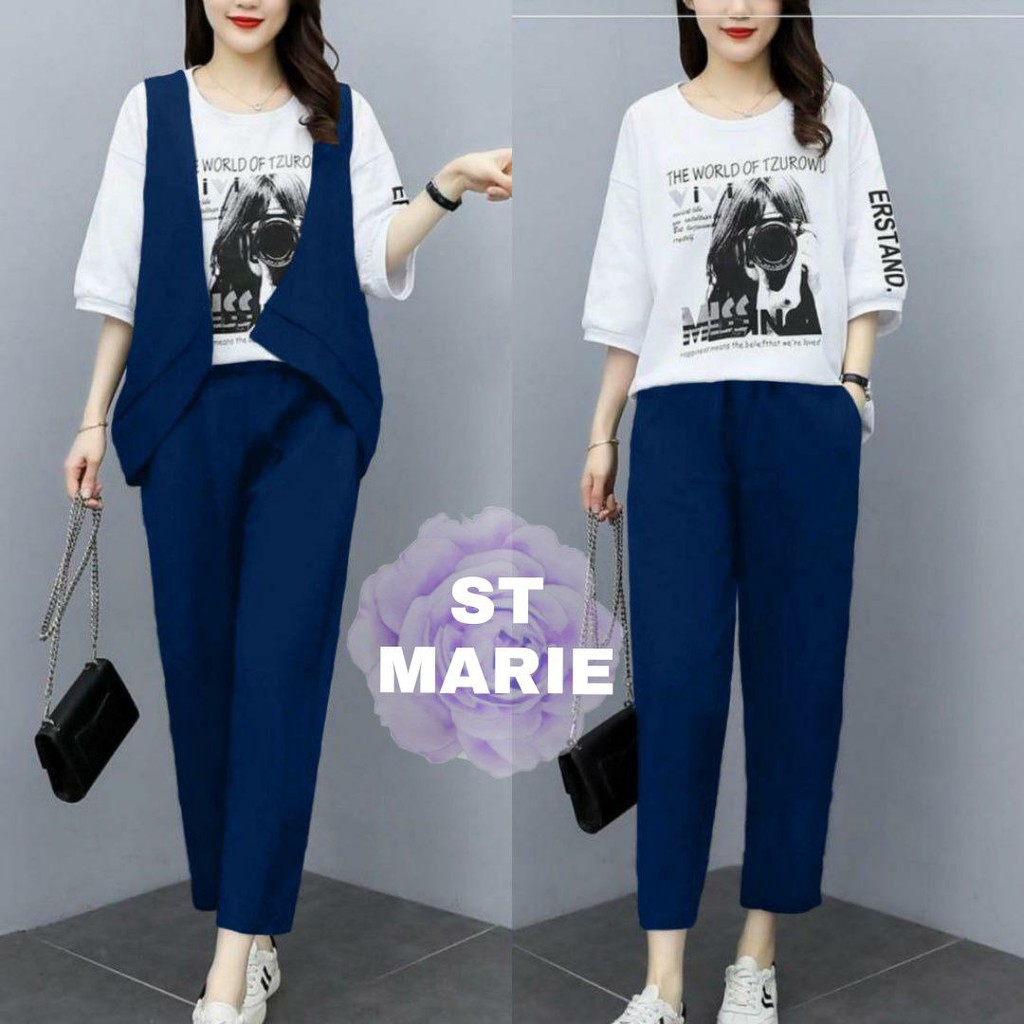 SETELAN MARIE FASHION WANITA 3in1 KAOS/ROMPI/CELANA GOOD QUALITY KASUAL