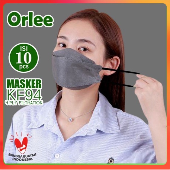 MASKER KF94 KF 94 ORLEE EARLOOP ISI 10 PCS ABU ABU GREY EMBOS KEMENKES - Hitam