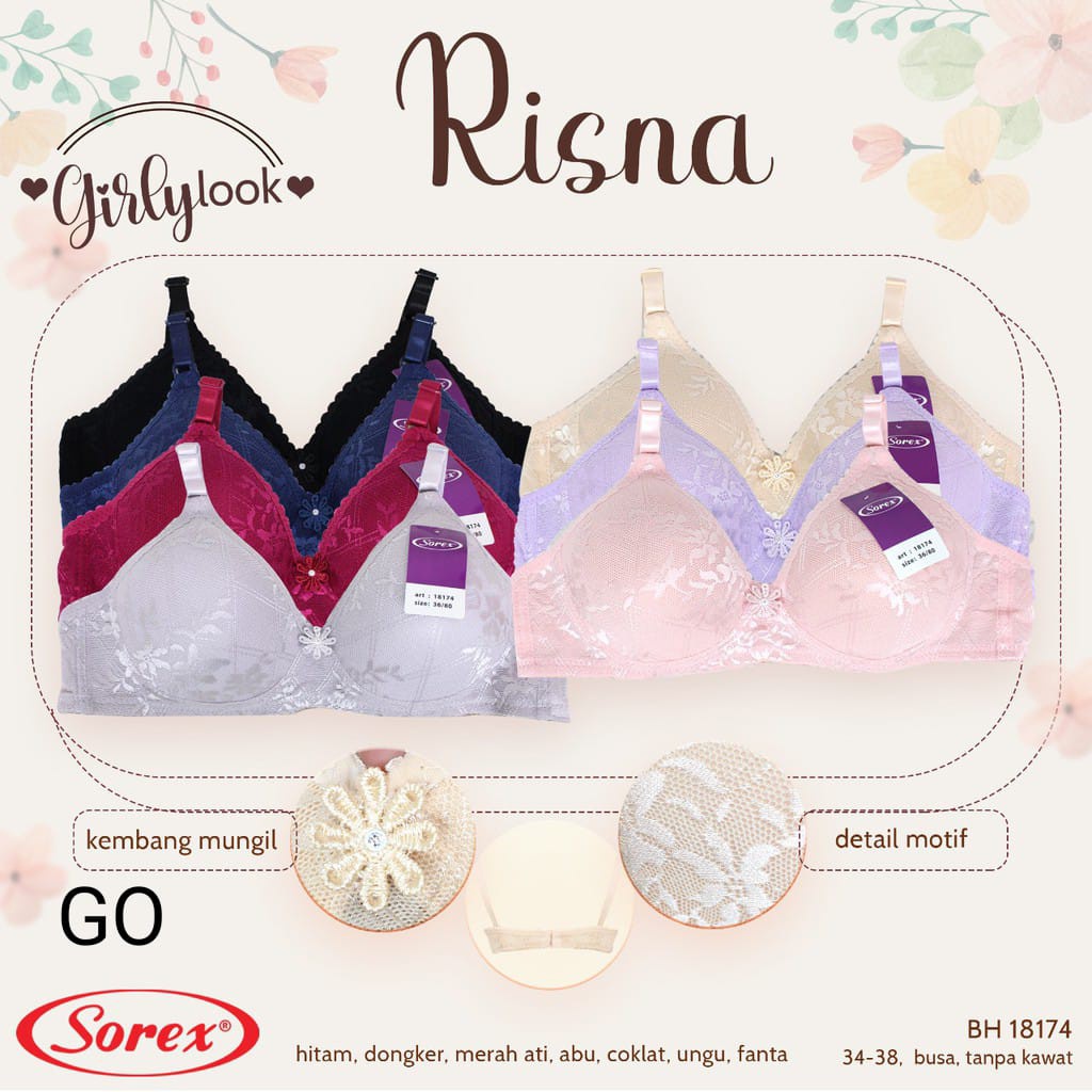 gos SOREX BH Tanpa Kawat 18174 &amp; 18175 Bra Busa Pakaian Dalam Wanita Bra Ukuran 34/38