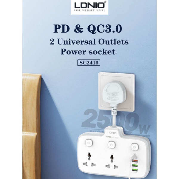 LDNIO SC2413 - Universal Electrical Socket with USB Port - Colokan Listrik 2 Lubang dengan USB-A dan USB-C PD 20W