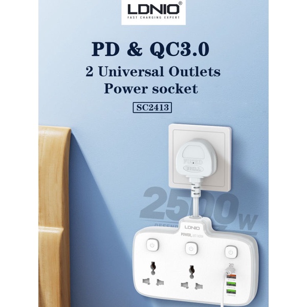 LDNIO SC2413 - Colokan Listrik 2 Lubang dengan USB-A dan USB-C PD 20W