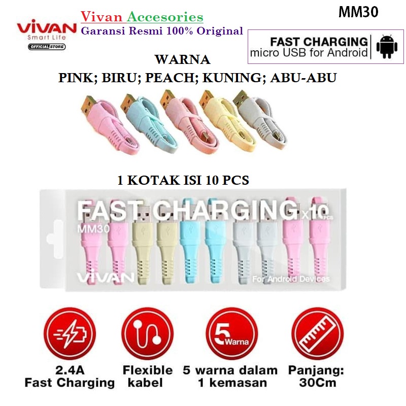 Vivan MM30 2.4A 30cm Micro data Cable colorful