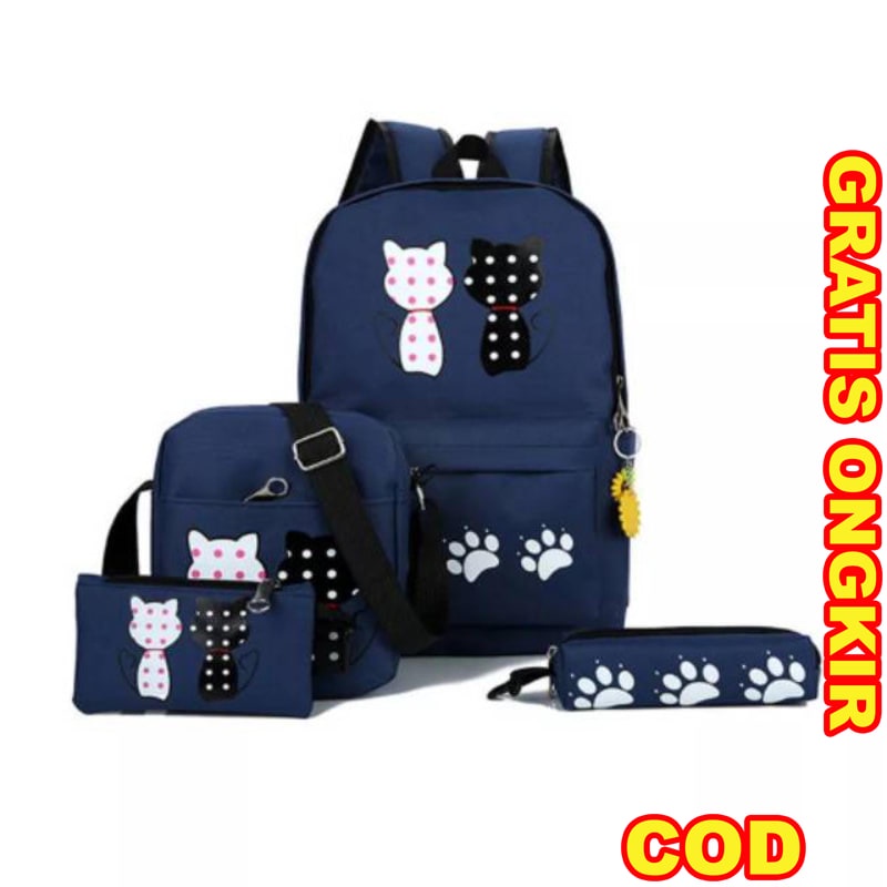 Tas Backpack Wanita Set Isi 4 Couple Cat Untuk Sekolah Kuliah BRW140