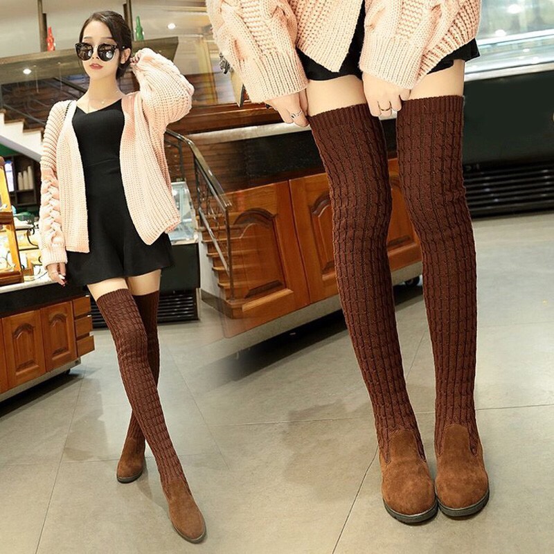 Sepatu boots wanita selutu bahan rajut Winter overknee Knit boots