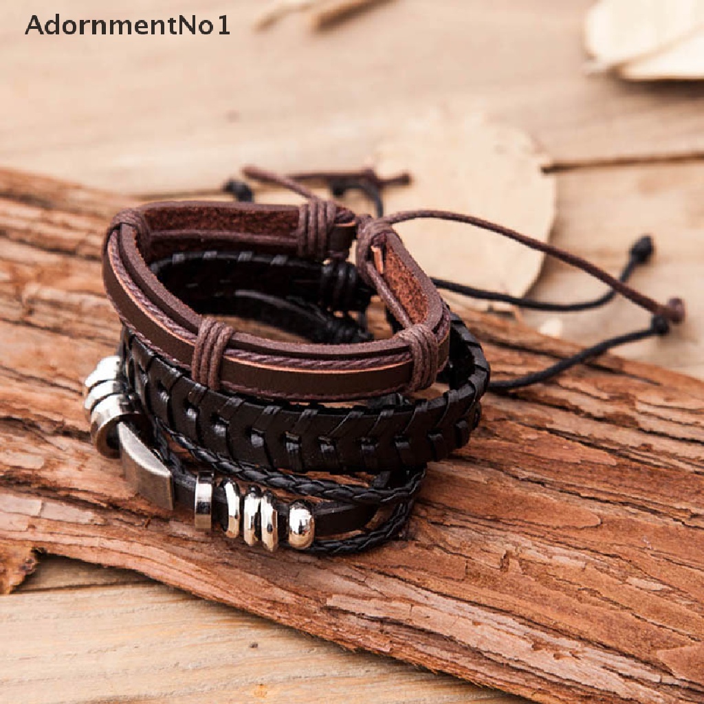 (AdornmentNo1) 6pcs / set Gelang Tali Kulit Imitasi Multilayer Gaya Vintage Untuk Pria