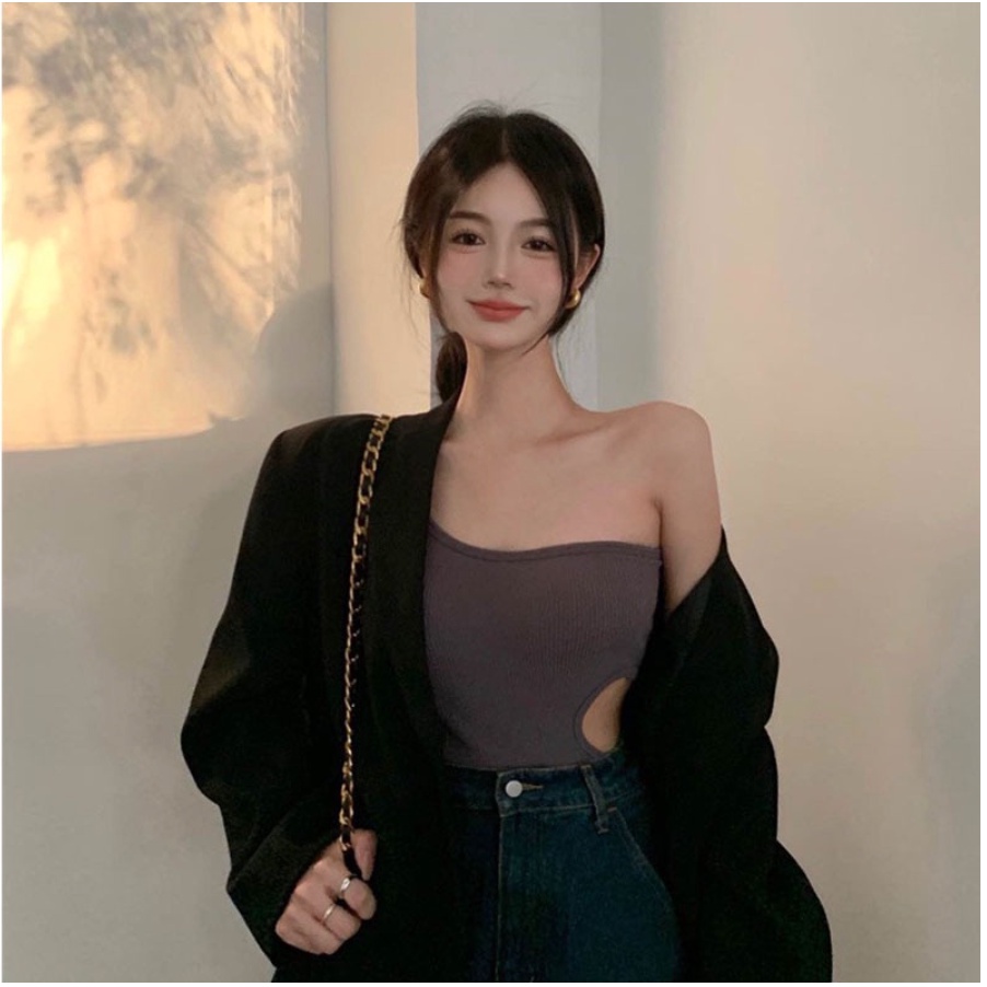 Tank Top Wanita Model One Shoulder Cut Off With Bra Cup Korea / Tank Top Crop Atasan Wanita / Tank Top Basic Import Seamless