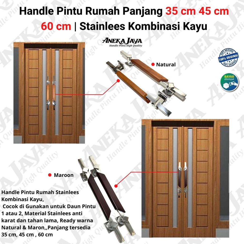 Handle pintu rumah Panjang 60 cm 45 cm 35 cm | Gagang Pintu rumah stainlees kombinasi kayu | Tarikan pintu | Pegangan pintu rumah awet murah