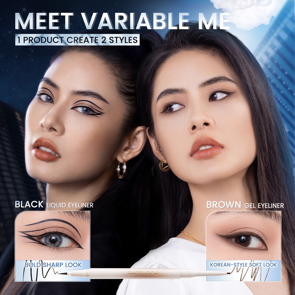 FOCALLURE Double-Ended 2-In-1 Eyeliner Waterproof Quick Dry Liquid Eyeliner &amp; 1.7mm Gel Eyeliner Long-Lasting High Pigment