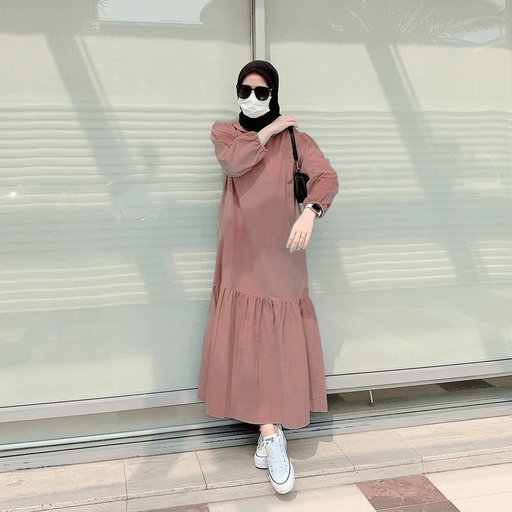Arumi Midi Dress Ukuran Jumbo Size M L XL XXL Bahan Najwa Premium Tebal Halus Warna Pastel - Casual Dress Wanita Non Busui - Atasan Tunik Wanita Remaja Lengan Panjang Motif Polos 2022 - Tunik Lebaran Kondangan Kekinian