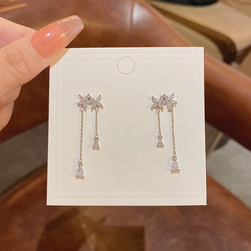 Anting Silver needle 925 Bentuk Bunga Rumbai Bahan Zirkon