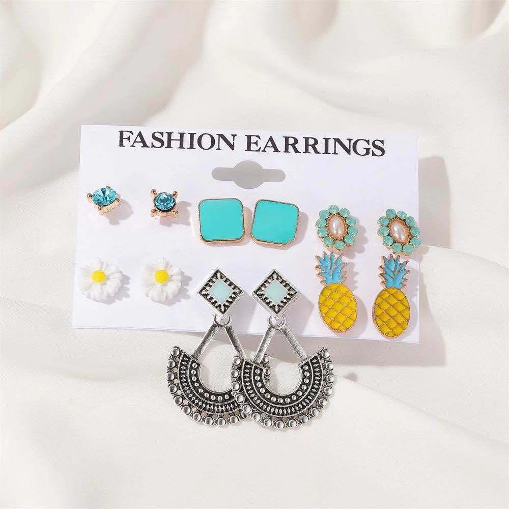 Set Anting Tusuk Motif Nanas / Daun / Bunga Gaya Bohemia Vintage untuk Wanita