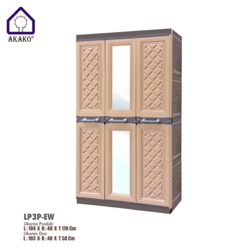 JUMBO LEMARI PLASTIK AKAKO ELEGANT 3 PINTU KACA LP3EP LEMARI GANTUNG KACA FULL KUNCI Akako Lemari Pl