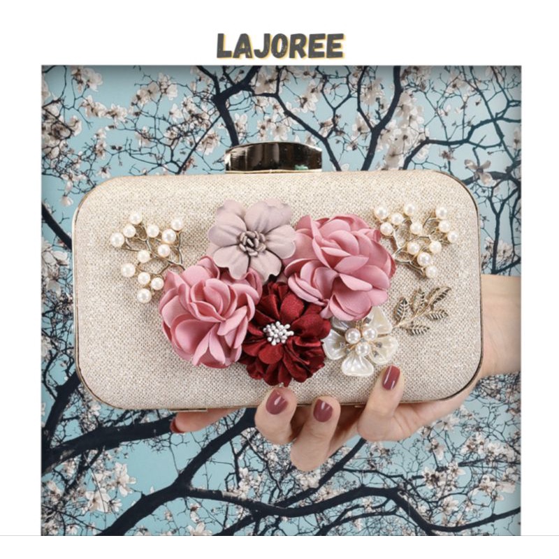 LAJOREE Flower Blink Clutch Tas Selempang Wanita Pesta Motif Bunga Mewah Elegan Clutch Kondangan Cantik Glitter