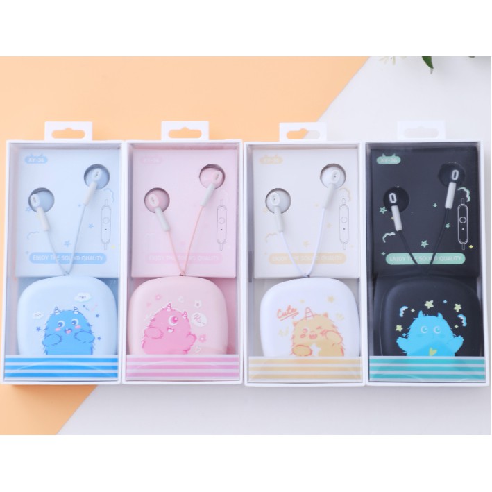 [XY-36] Set Headset Earphone Motif Kartun MONSTER Lucu / Wadah Earphone Kotak Kartun Monster Imut