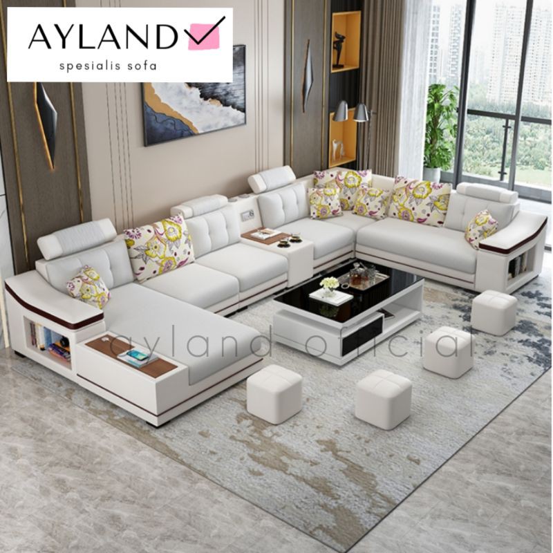 Sofa Mewah Fullset Putih Leter U Jumbo Keluarga Minimalis