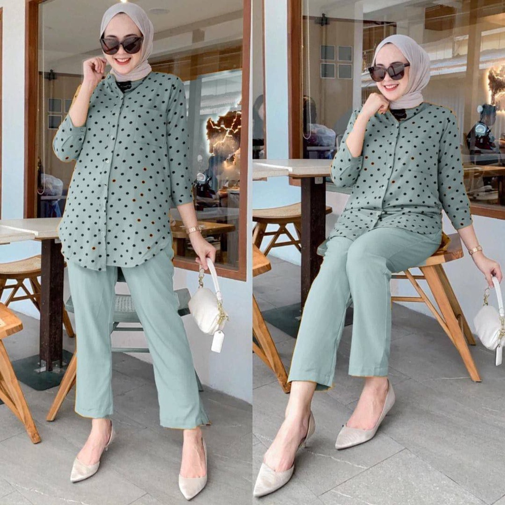 Berryset One Set Wanita Polkadot Shakila Kield Premium Baju Setelan Wanita Kekinian Set Celana Baggy Pants LD 110 cm