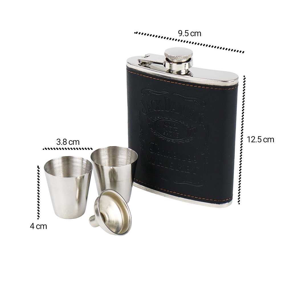 TD-AI04 One Two Cups Botol Bir Hip Flask Stainless Leather 7Oz with Shot Glass