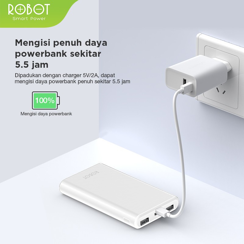 PowerBank ROBOT 10000mah RT170 Dual Input Port Type C &amp; Micro USB Original