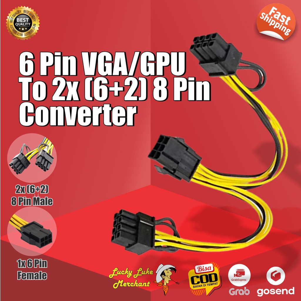 GPU VGA 6 Pin Female to Dual 2X 8 Pin (6+2) Male PSU Power Converter