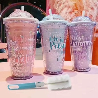 PROMO Botol Minum Glitter Tumbler Cups Blink 420 Ml Gelas free Sedotan + Bubble dengan dua lapisan lapisan straw water bottle