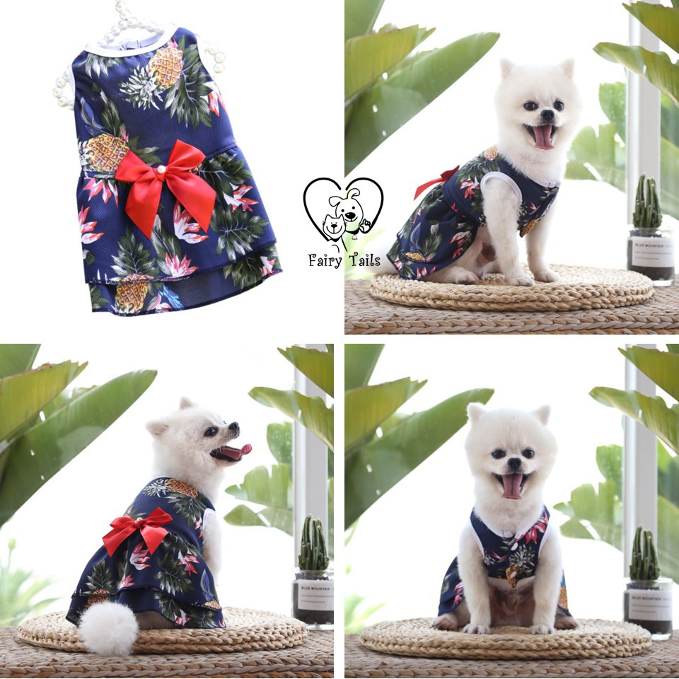 Baju Anjing Kucing Kostum Dress Hawaii dengan Pita | Pet Hawaiian Pineapple Dress