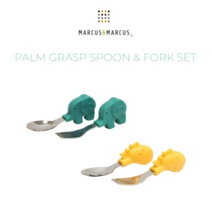 Marcus and Marcus Palm Grasp Spoon Fork Set - Yellow Giraffe Green Elephant