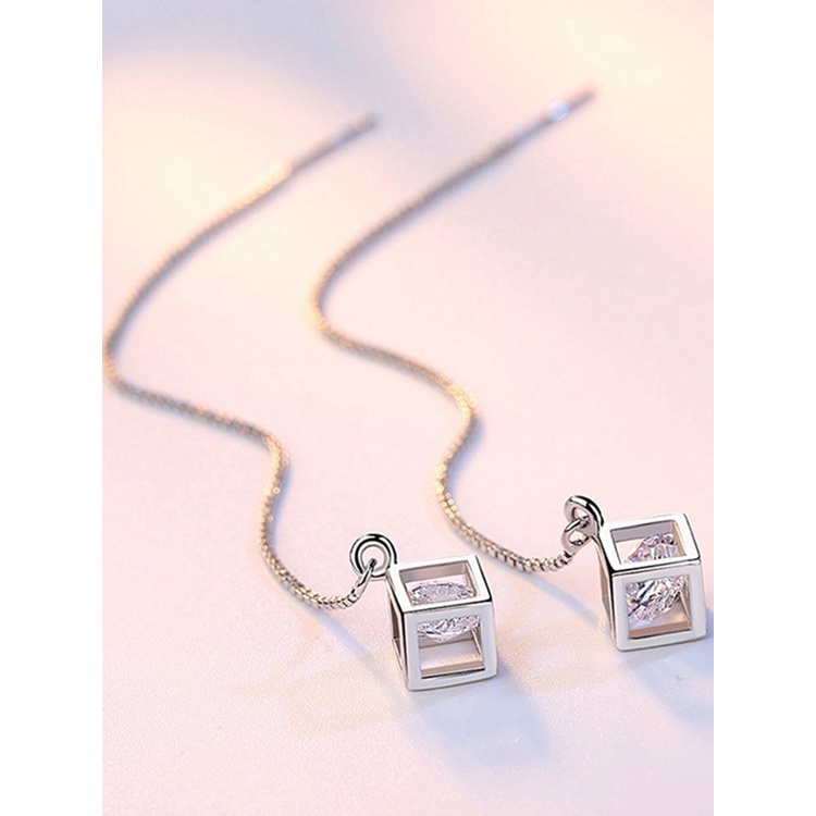 1Pair 925 Sterling Silver Earring Crystal Cube Shape Earrings