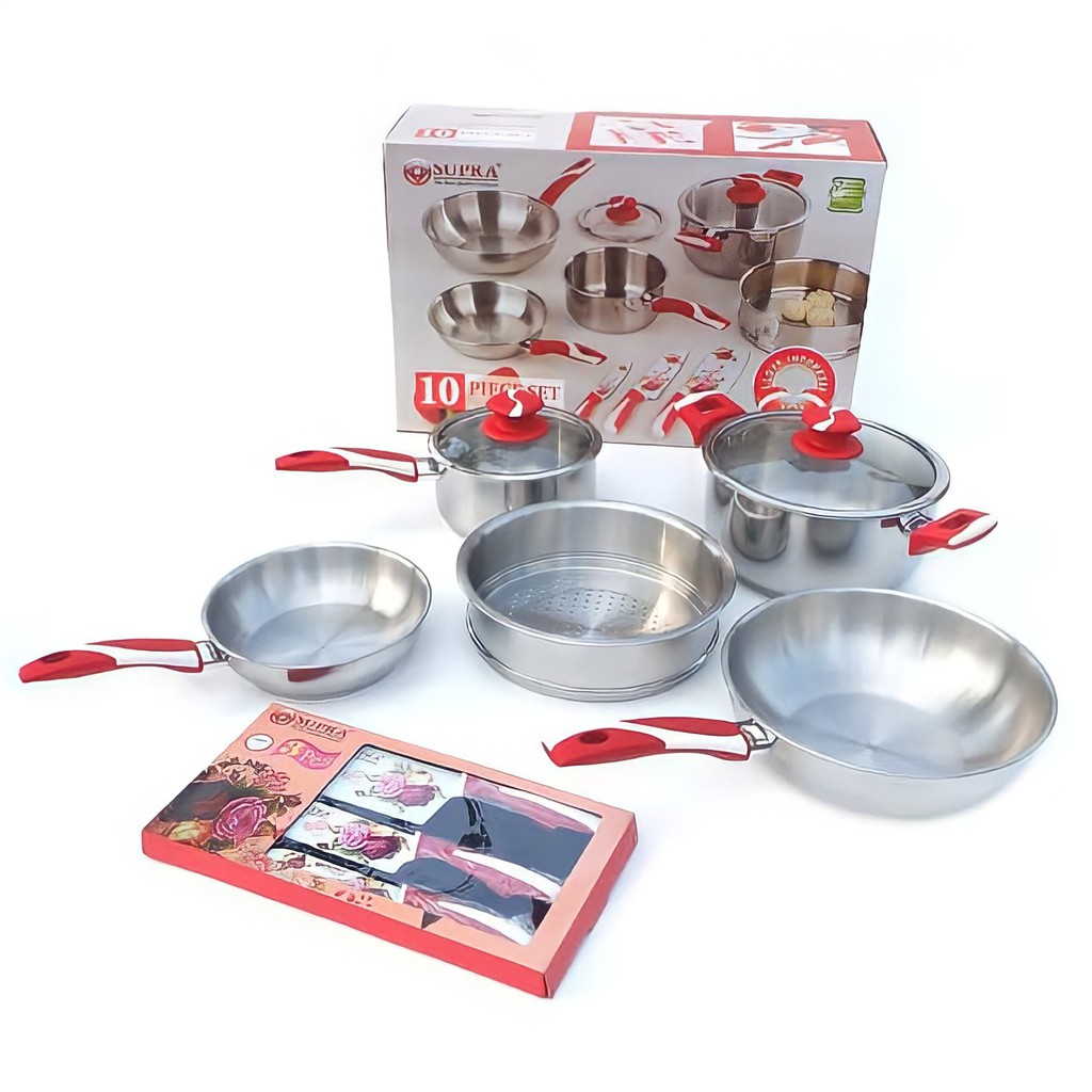 Panci Set Supra Merdeka Isi 10 Pcs Cookware Set Stainless Steel Lapisan Teflon Anti Lengket