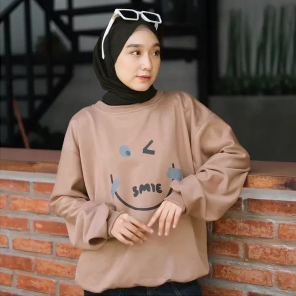 EMOTE SMILE Sweater Crewneck Oversize Wanita Korea Style Size M-L-XL-XXL Jumbo / Sweatshirt Wanita Terbaru / Sweater Hoodie WanitaTrendy /Jaket Wanita Modern-Bisa Bayar Ditempat COD