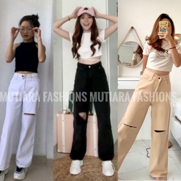 Modern.. KULOT JEANS WANITA HITAM SOBEK HIGHWAIST PREMIUM