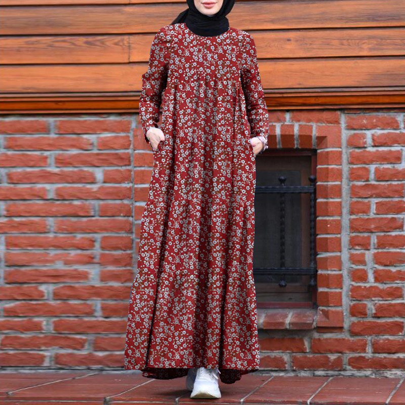 ZANZEA Women Full Sleeve Vintage Back Zipper Printed Muslim Long Dress