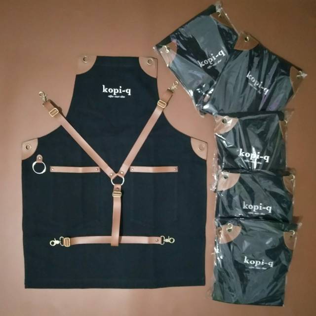 Full apron barista Celemek Cafe Apron barbershop denim retro and synthetic leather varian colour plus bordir logo